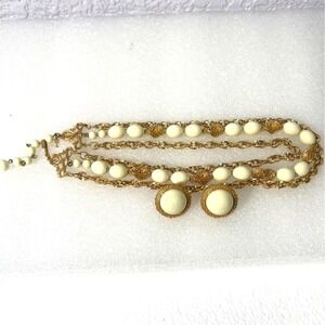 Vintage Trifari Necklace and Clip on Earrings Set Cream Lucite Beads Gold Tone